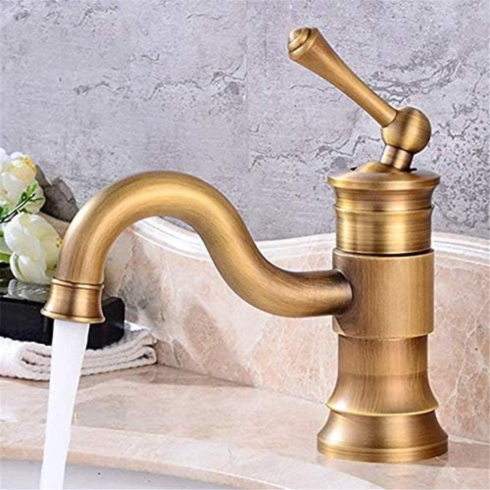CRJUS Antique Brass Single Handle Kitchen Faucet - Deck Mount Hot and Cold Water Basin Tap for Modern and Vintage Bathrooms