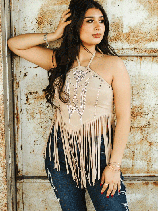 Lucky & Blessed Women's Suede Halter Fringed Top Sand - Bohemian Chic Summer Outfit for Beach Parties & Music Festivals