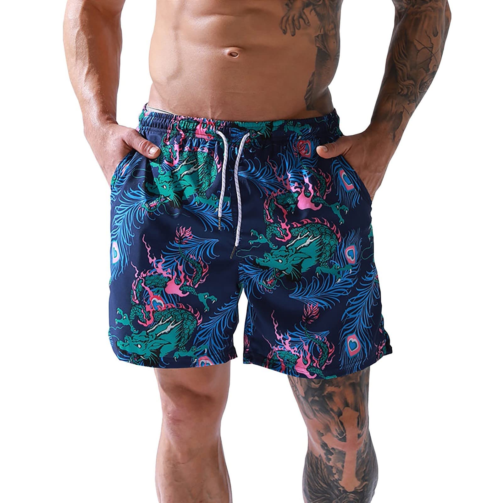 **Men's Dragon Print Swim Shorts - Quick Dry Loose Fit Beach Shorts with Drawstring & Pockets - Perfect for Swimming, Surfing, and Summer Vacations**