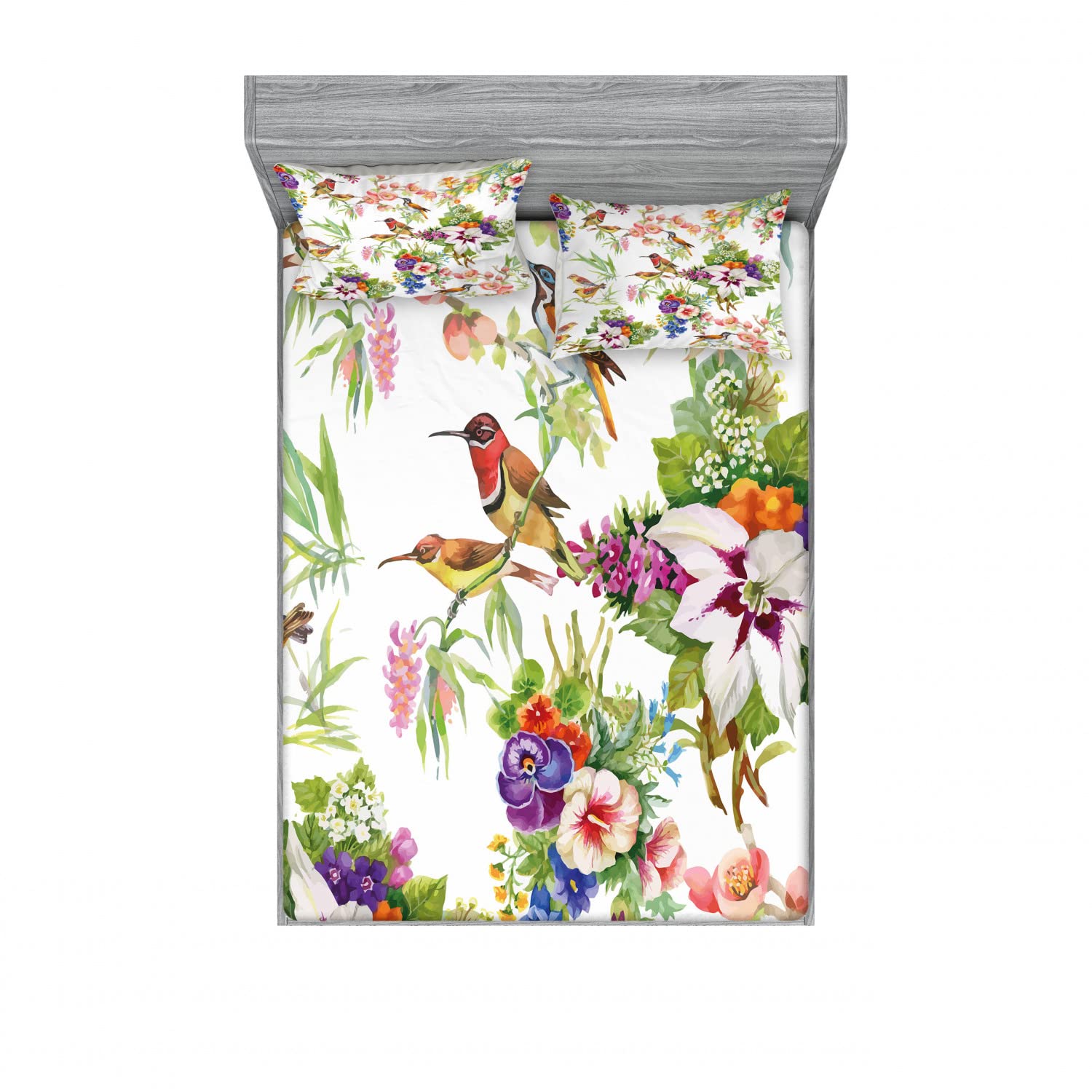 Ambesonne Floral Queen Size 2-Pack Fitted Sheet & Pillow Sham Set - Exotic Spring Flowers 4-Piece Bedding Decor (2 Fitted Sheets + 4 Pillow Covers) Multicolor for Master Bedroom, Guest Room & Vacation Home Decor