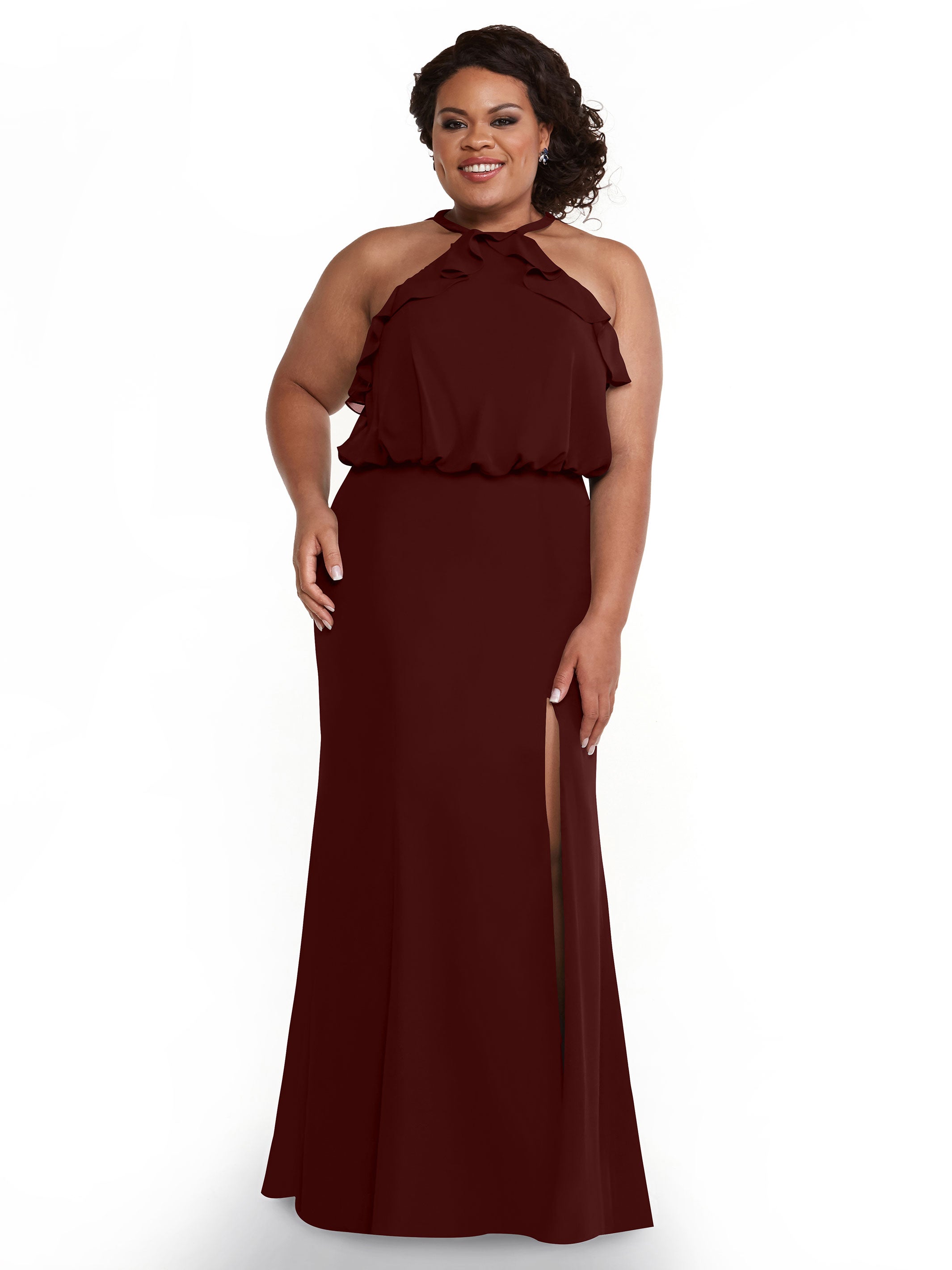 Elegant 80147 Fit and Flare Chiffon Bridesmaid Dress with Ruffled Neckline & Thigh Slit - Perfect for Weddings, Proms, and Formal Events