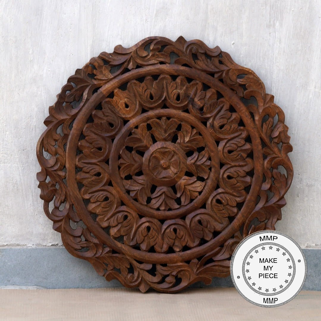 Hand Carved Indian Wooden Round Bed Headboard Panel - Brown - Traditional Boho Bedroom Decor for Master & Guest Rooms
