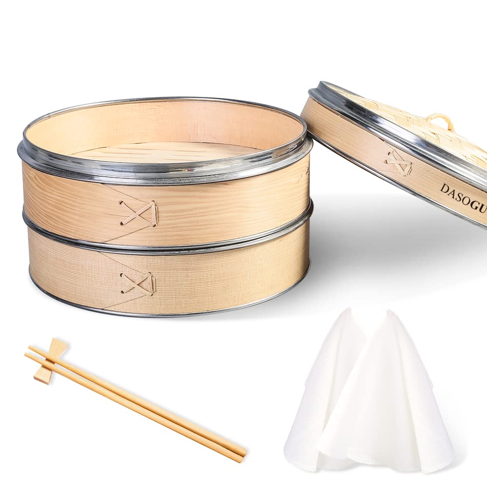 Dasoguy 10.6 Inch Handmade Bamboo Steamer Basket - 3 Tier Stainless Steel Ring Dumpling Steamer for Dim Sum, Buns & Rice | Includes Chopsticks & 3 Cotton Liners | Perfect for Asian Cooking, Meal Prep & Party Serving