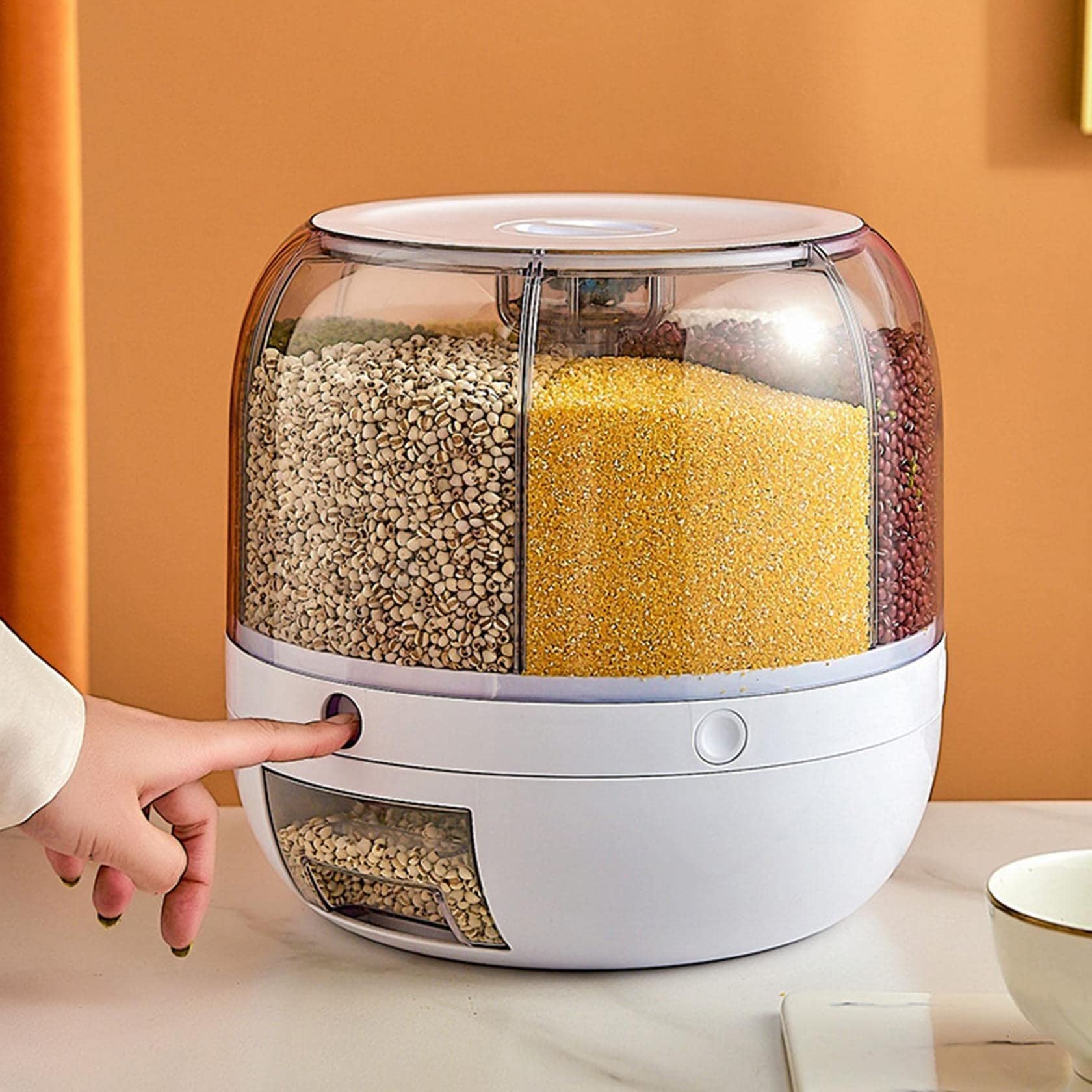 NSMYOOK Rotating Rice Bucket - 6-Grid Airtight Food Storage Container Set with Lids - One-Touch Rice Dispenser, BPA-Free PP Material, Easy to Install - Perfect for Kitchen Pantry Organization & Bulk Dry Food Storage