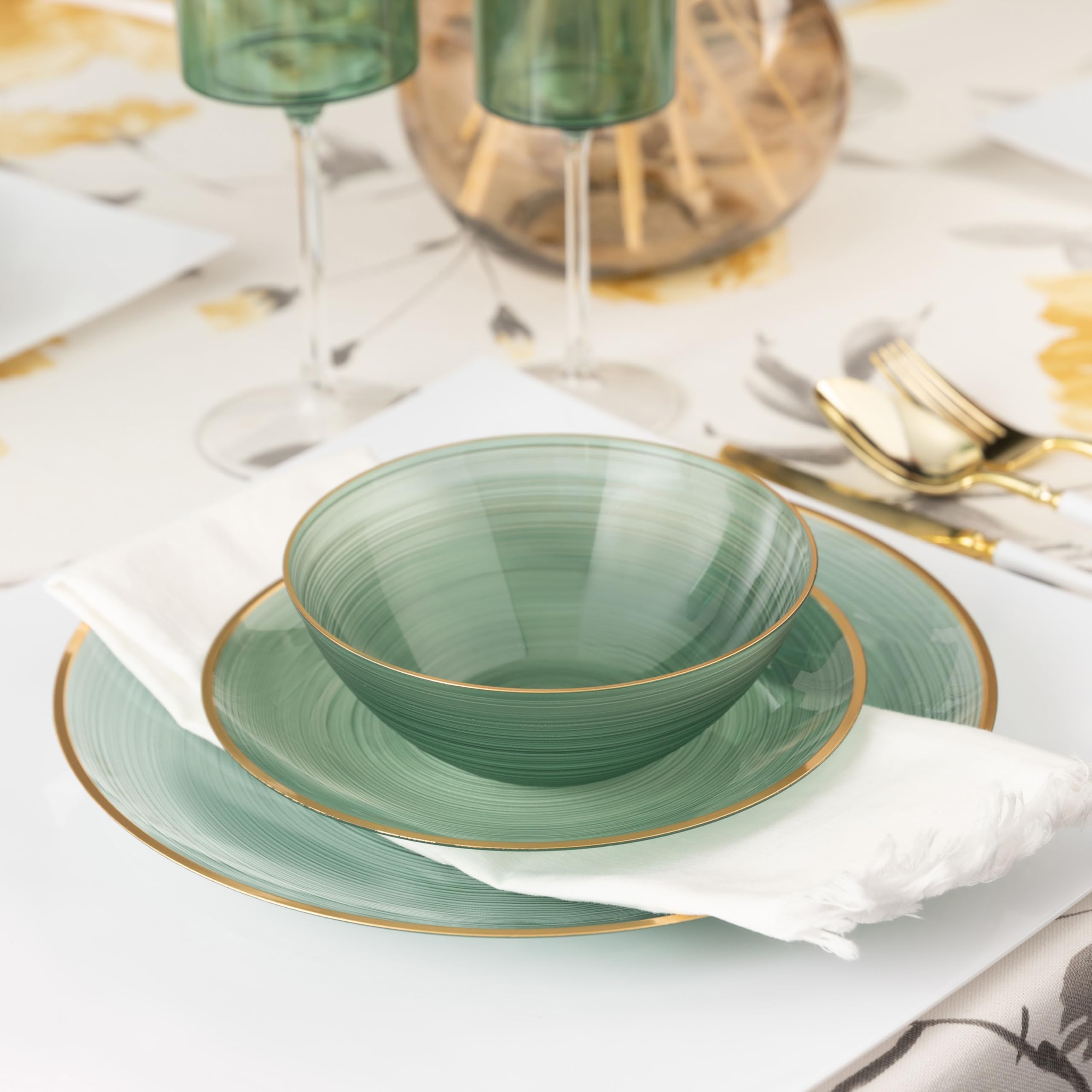 PLASTICPRO 32-Piece Crystal Design Plastic Bowls Set - 16oz Gold Rim Disposable Plates in Elegant Transparent Green - Perfect for Parties, Weddings, and Elegant Events