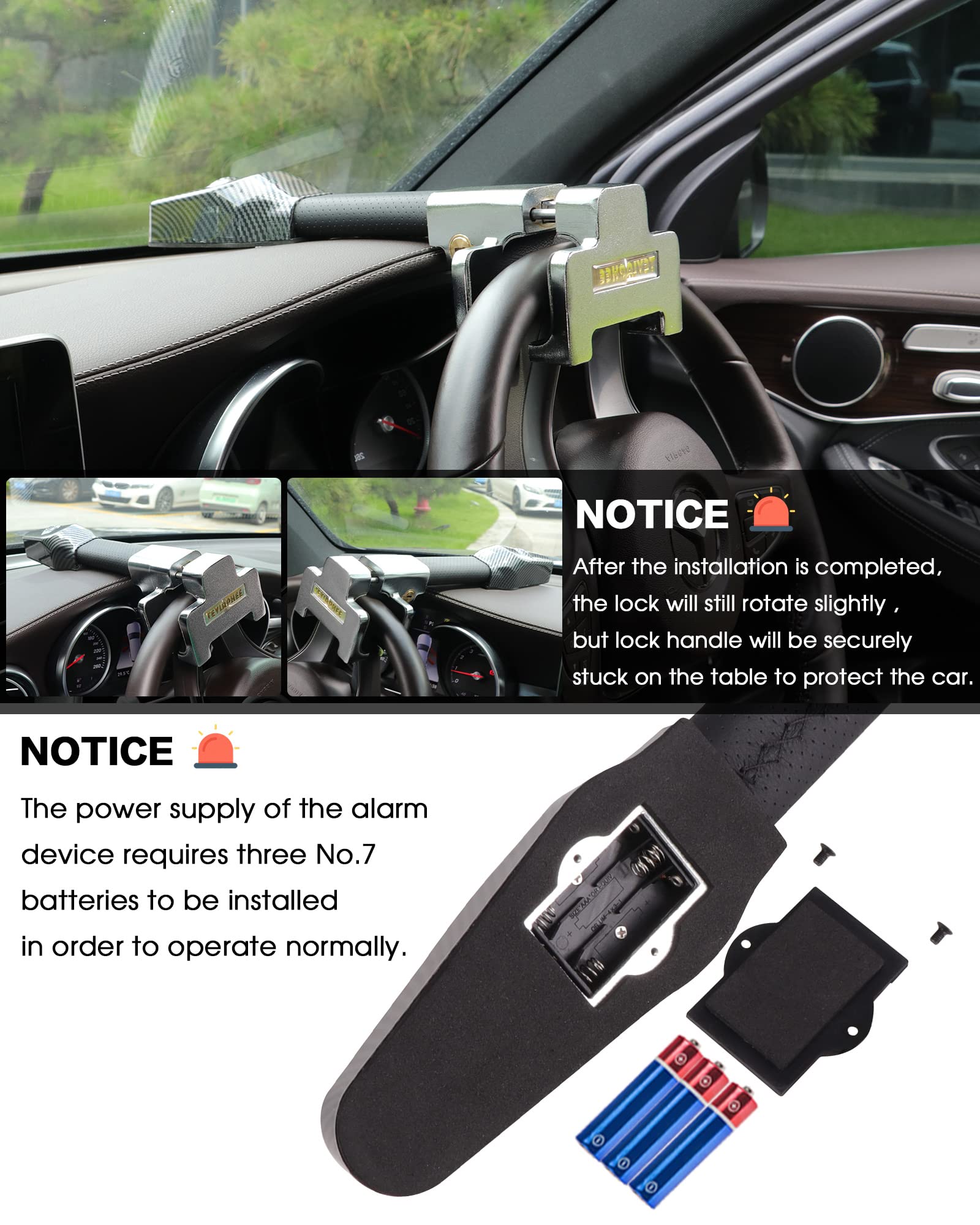 Tevlaphee Heavy Duty Steering Wheel Lock with Alarm - Anti-Theft Car Security Device, Universal Fit for Vehicle, Truck, Van, SUV - Perfect for Parking and Overnight Protection