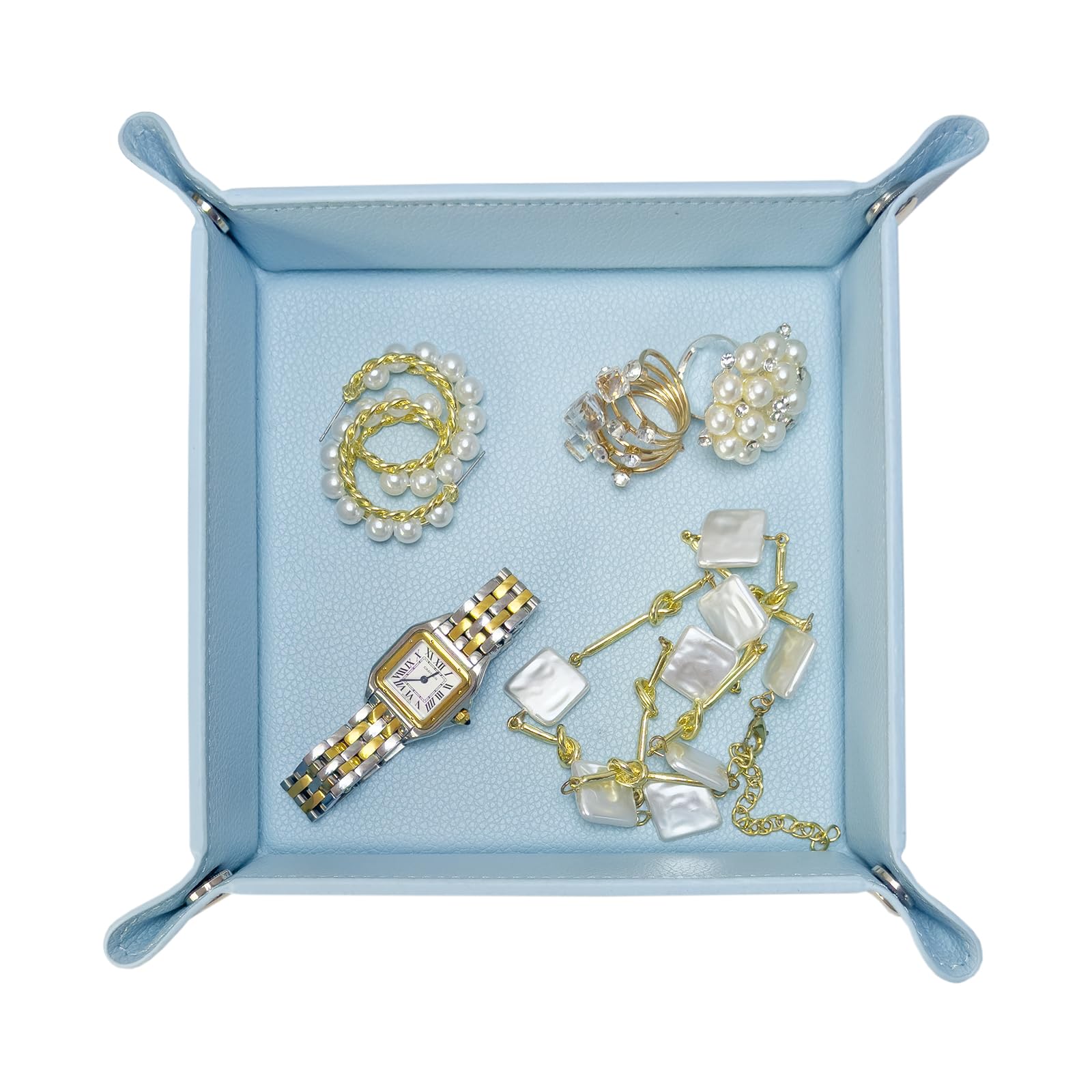 UnionBasic Jewelry Tray for Rings & Watches - Nightstand Organizer for Keys & Coins - Lychee Blue