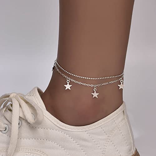 Boho Layered Star Anklet Bracelet - Silver Star Pendant Beaded Foot Chain for Women & Girls | Perfect for Beach, Summer, Festival & Boho Fashion Accessories