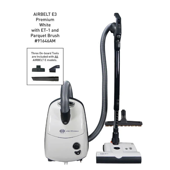 SEBO 91646AM AIRBELT E3 Premium Vacuum Cleaner with Dual Control Handle, ET-1 Power Brush & Parquet Brush - White | Ideal for Hardwood Floors, Carpets & Pet Hair Removal