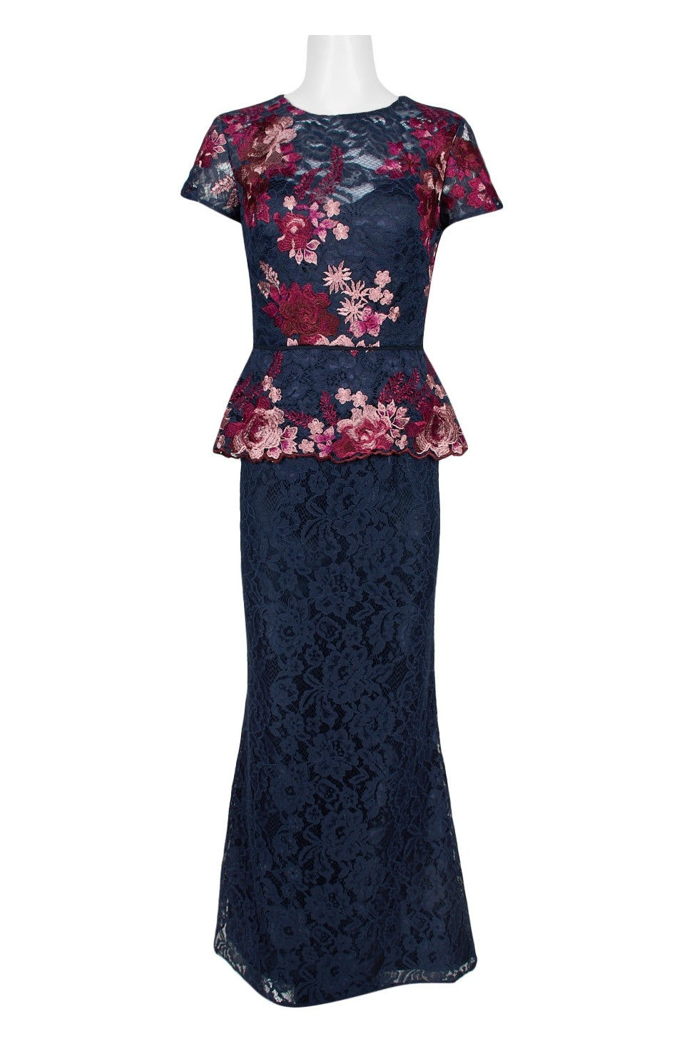 JS Collections Women's Lace Peplum Dress - Navy & Fuchsia Floral Print, Elegant Party Wear for Weddings, Cocktails & Special Occasions