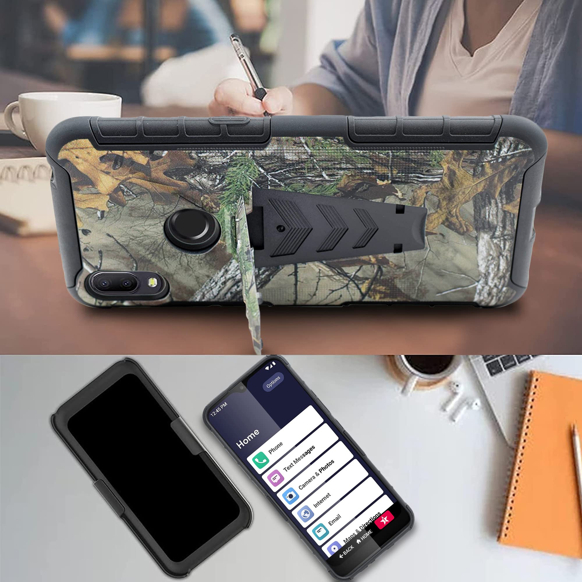 Jitterbug Smart 3 Heavy Duty Shockproof Case with Tempered Glass & Swivel Belt Clip - Camo Holster Cover with Kickstand for Seniors | Perfect for Outdoor Activities, Travel & Everyday Protection