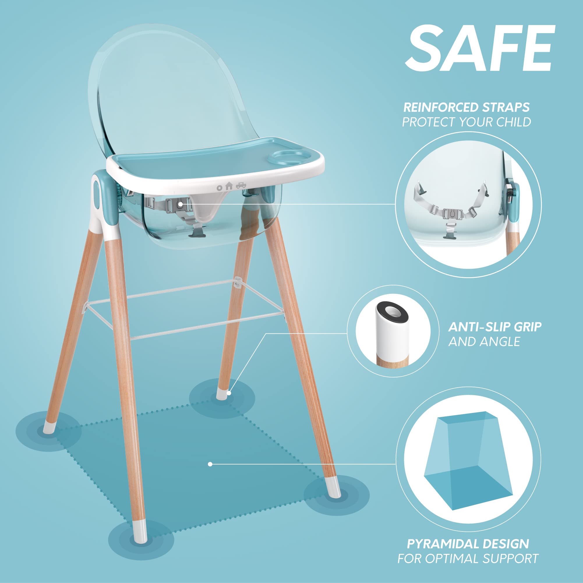 6-in-1 Deluxe Wooden High Chair for Babies & Toddlers - Modern Safe Compact Baby Highchair with Removable Tray | 3 Seat Positions & 2 Height Adjustments | Easy to Clean & Assemble | Nursery, Dining Room & Outdoor Use (Blue)