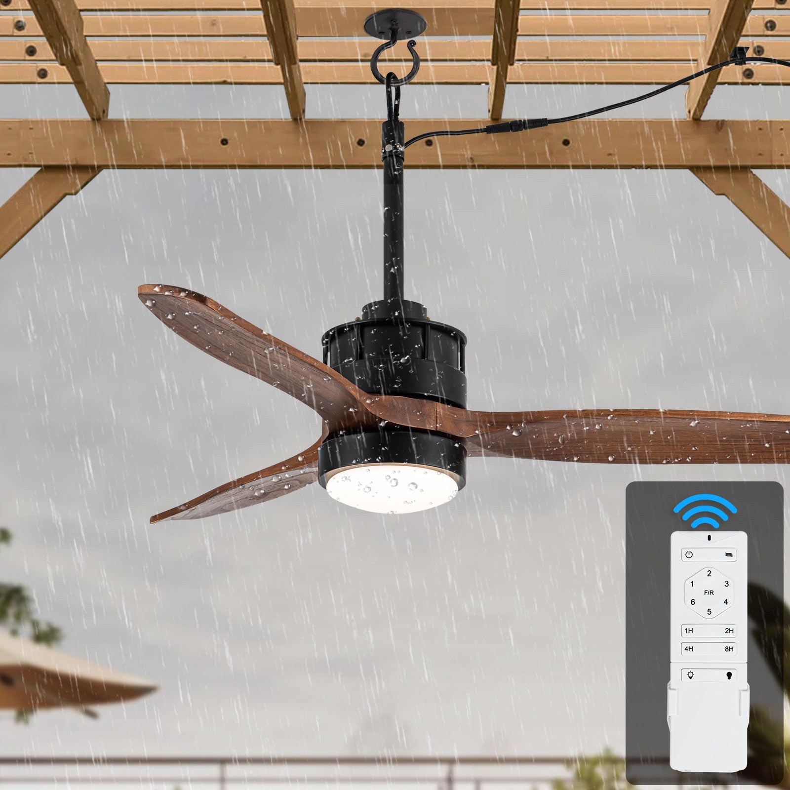 32 Inch Outdoor Ceiling Fan with Light - Waterproof Wet Rated for Gazebo, Patio, Deck - DC Motor & 3 Reversible Walnut Wood Blades - Perfect for Covered Porches, Sunrooms & Pool Areas