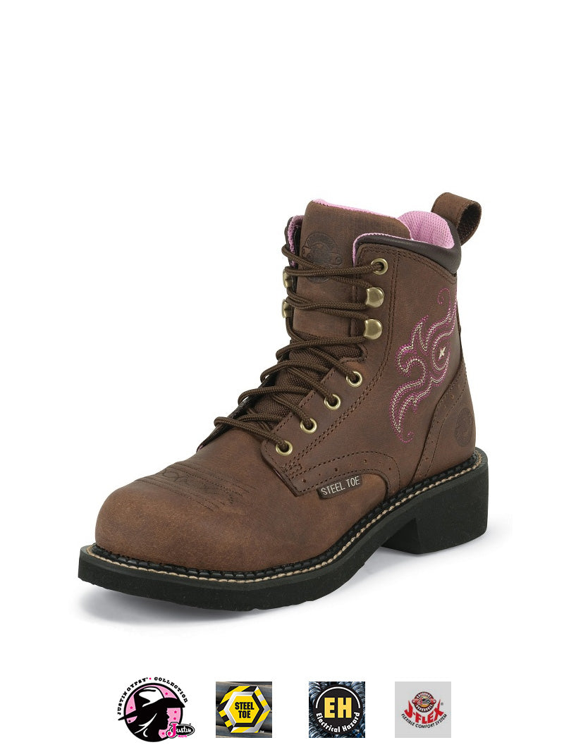 Justin WKL991 GY991 Women's Steel Toe Work Boots - Aged Bark Brown - Comfortable & Durable Safety Shoes for Construction, Warehouse & Outdoor Work