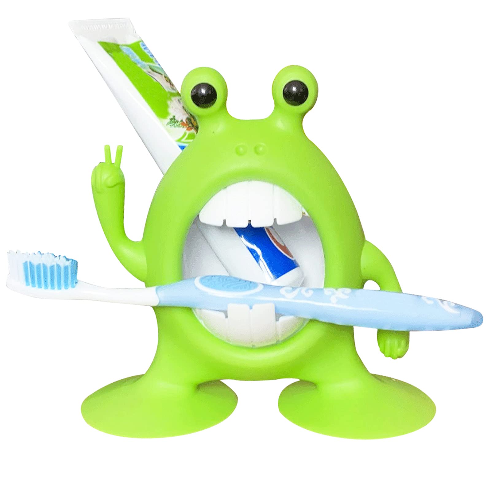 Adorable Cartoon Frog Toothbrush Holder for Kids - Toddler Bathroom Accessories with Toothpaste Cup, Green - Perfect for Boys & Girls Bathroom Decor and Organization