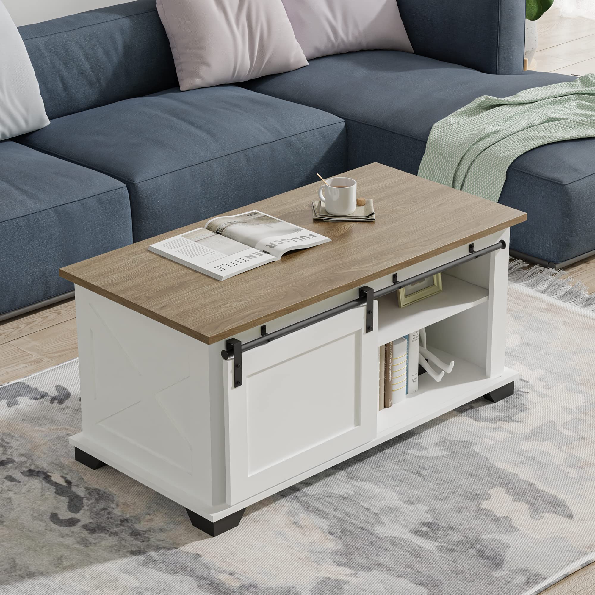 Cozy Castle White Farmhouse Coffee Table with Storage Shelf & Sliding Barn Door - Modern Living Room Table for Home, Office | Perfect for Farmhouse Decor, Small Space Storage & Coffee Table Books Display