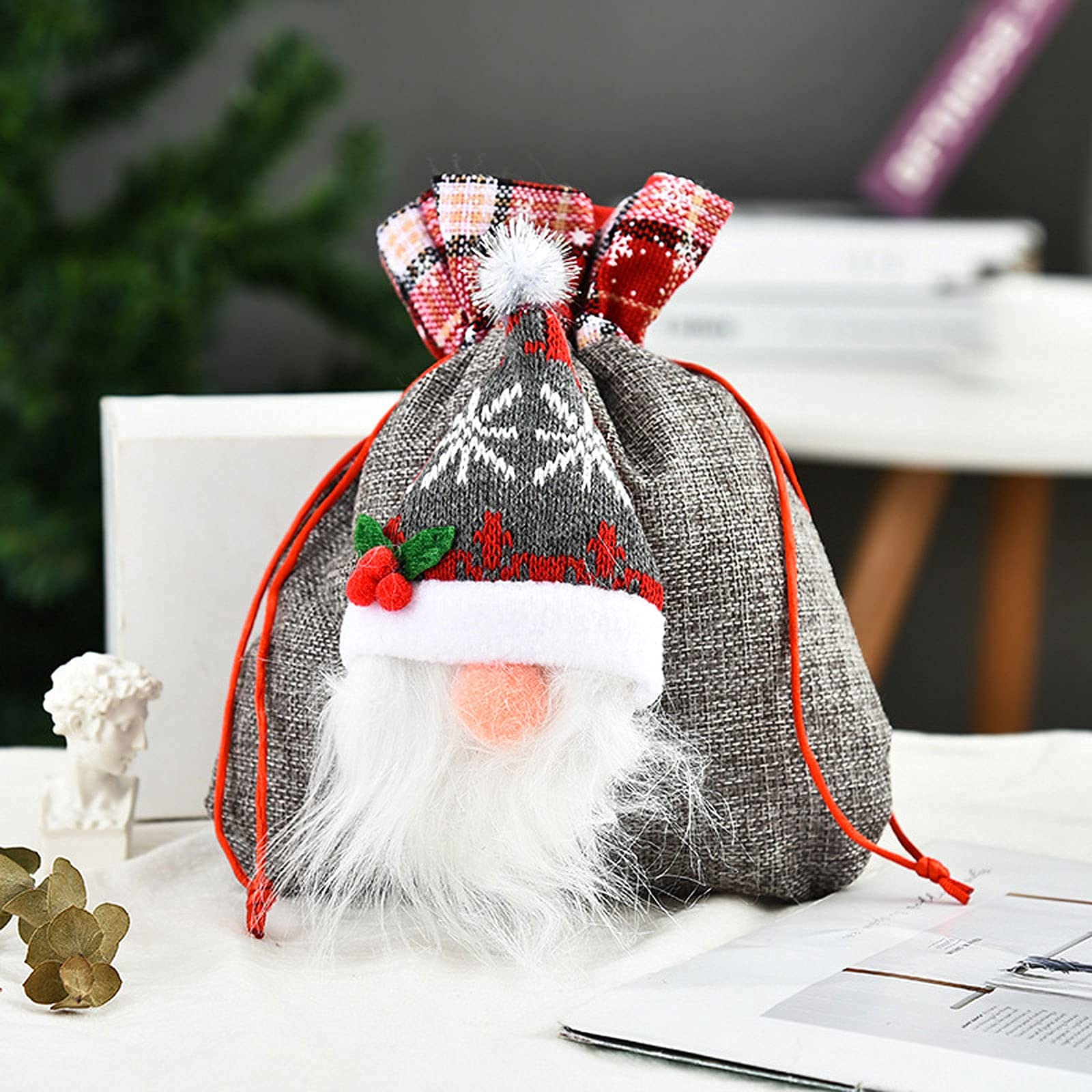 6 Pack Christmas Candy Bags - Burlap Drawstring Gift Bags with 3D Faceless Doll Design for Holiday Treats & Party Favors (Green, Red, Gray) - Perfect for Christmas Parties, Stocking Stuffers & Gift Exchanges