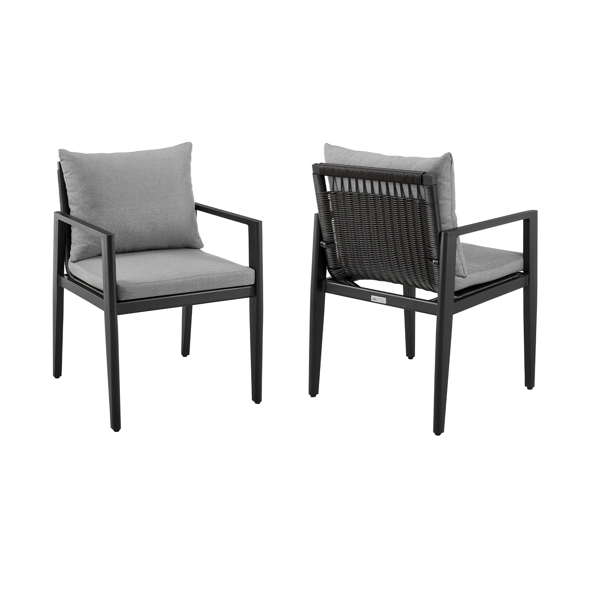 Armen Living Cayman Outdoor Patio Dining Chairs with Arms - Aluminum Frame & Cushions, Set of 2, Dark Grey - Perfect for Poolside, Garden, and Backyard Relaxation
