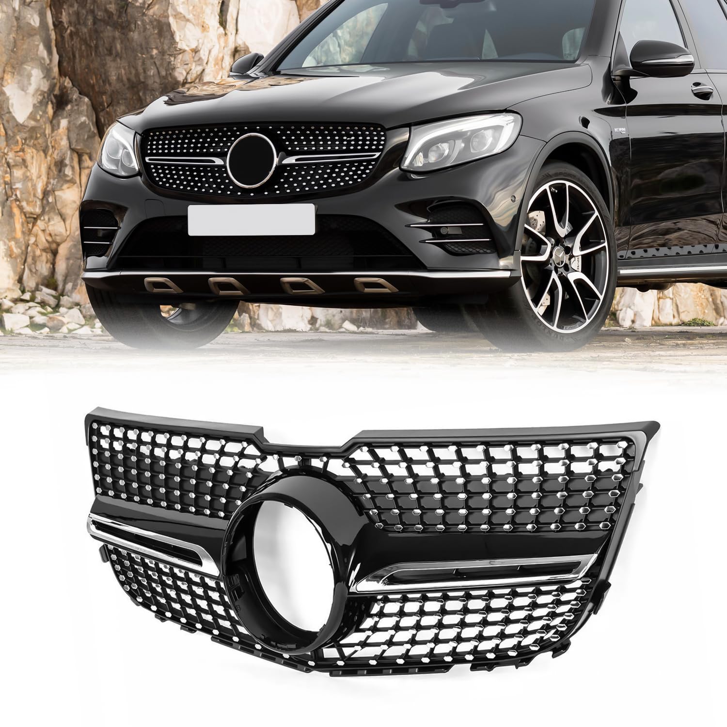 KARPAL Diamond Front Grill Chrome Compatible with 2013-2015 Mercedes-Benz X204 GLK-CLASS Silver | Premium Car Grille Upgrade for Enhanced Style & Performance | Perfect for Car Enthusiasts & Custom Builds
