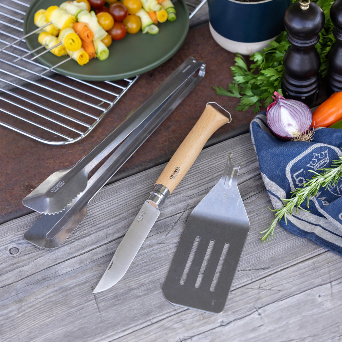 Opinel 3-Piece BBQ Grill Set - High-Quality Stainless Steel Knife, Fork, and Spatula for Outdoor Cooking, Camping, and Picnics