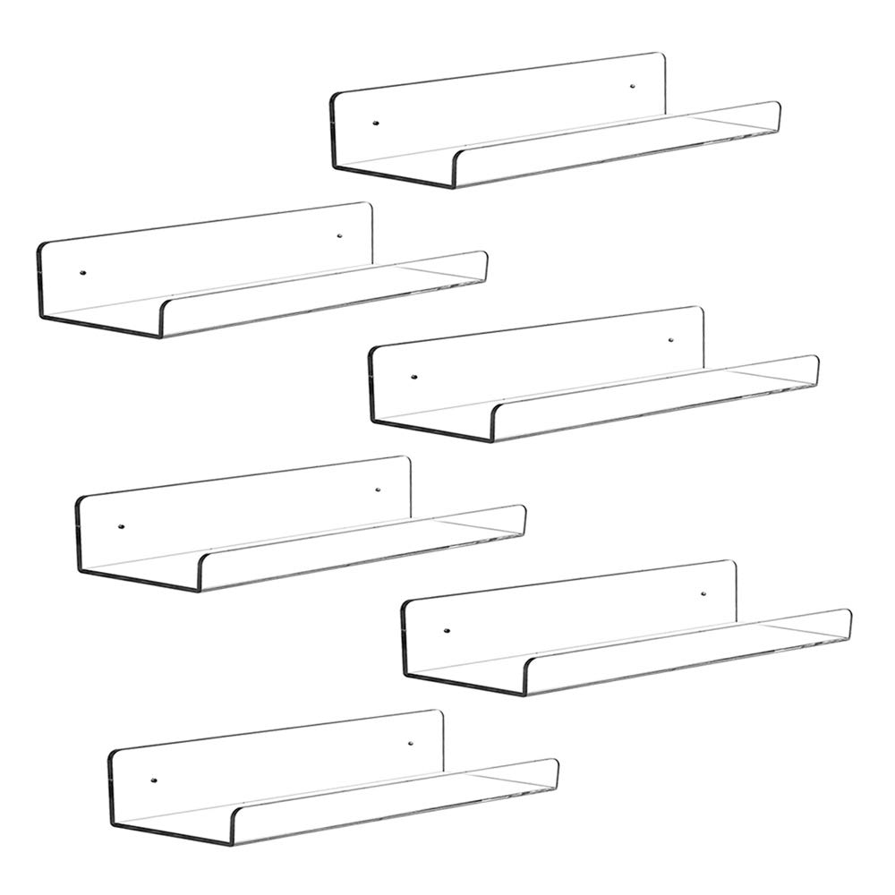 15 Inch Invisible Floating Bookshelf Set of 6 - Acrylic Wall Mounted U Shelves for Kids Room, Modern Picture Ledge & Toy Storage - 5MM Thick Clear Display Shelves for Books, Decor & Organizing Small Items - Perfect for Nursery, Playroom & Home Office
