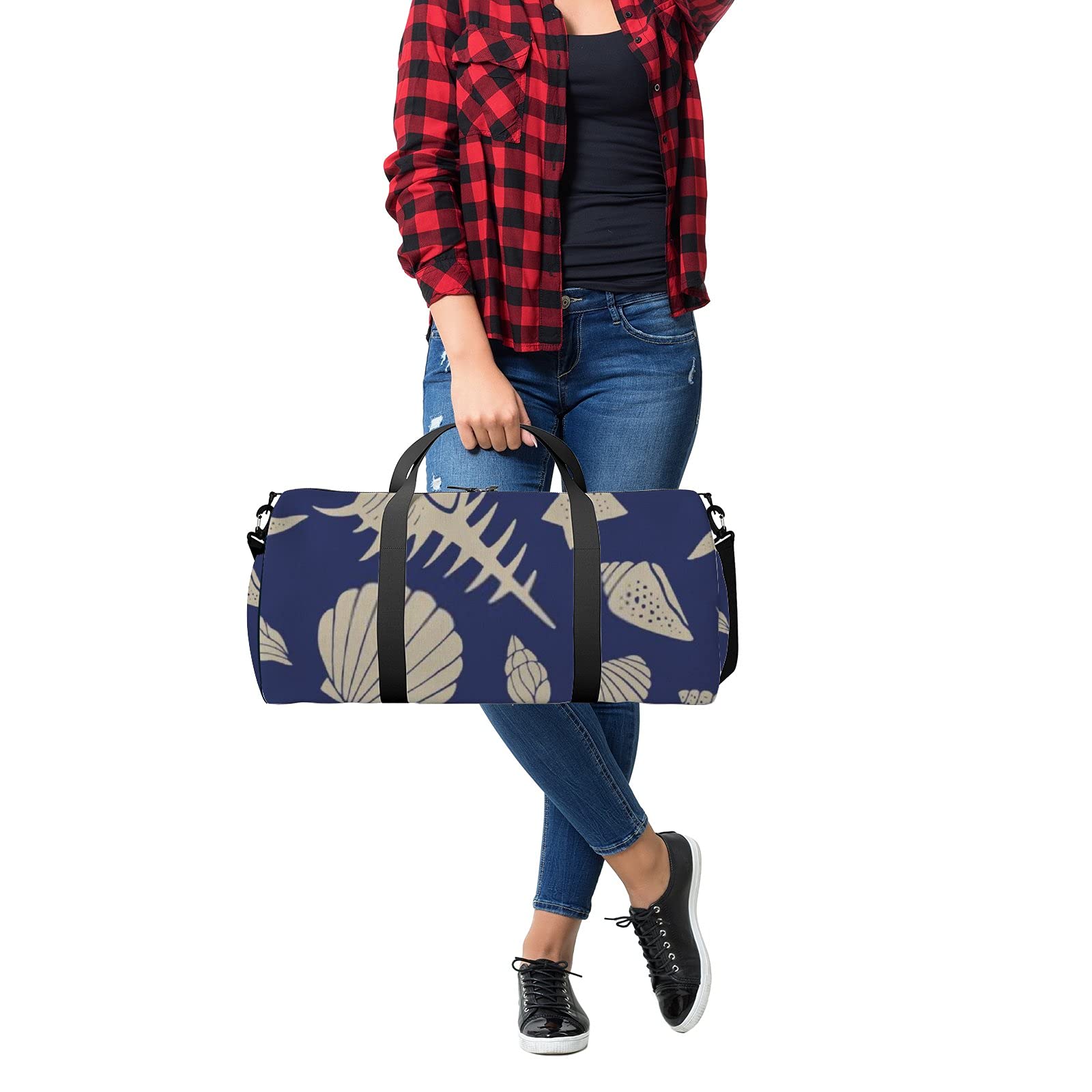 **Waterproof Navy Blue Seashell & Starfish Pattern Sports Tote Bag with Shoulder Strap & Zipper Pockets - Gym, Travel & Storage Shoulder Bag for Men & Women | Perfect for Beach Trips, Workouts & Daily Commute**