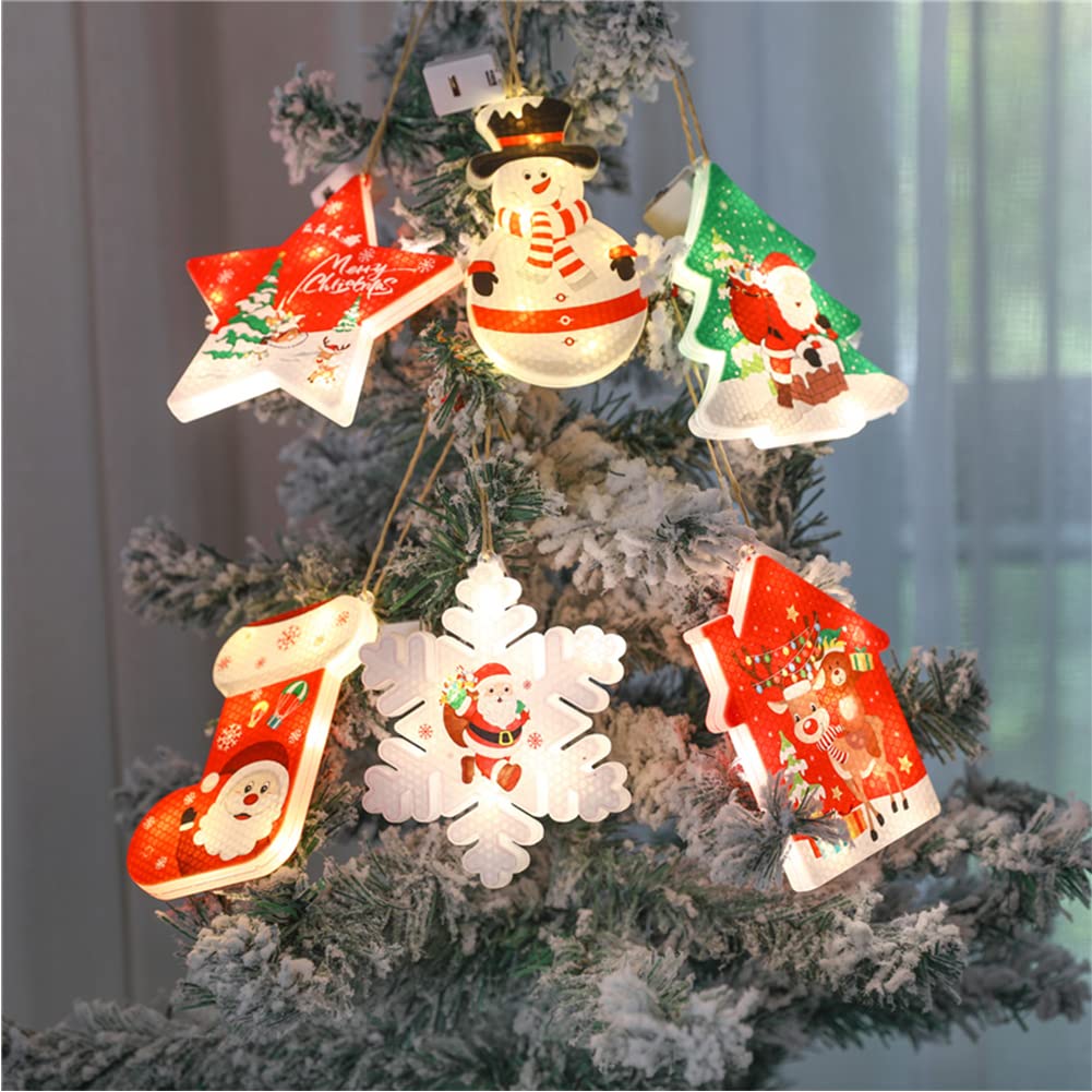 6 Pack Christmas Tree Decorations LED Lights - Glowing Hanging Ornaments with Santa, Snowman & Snowflakes - Holiday Decor for Window, Fireplace, Wall & Gifts - Perfect for Indoor/Outdoor Christmas Party Decorating