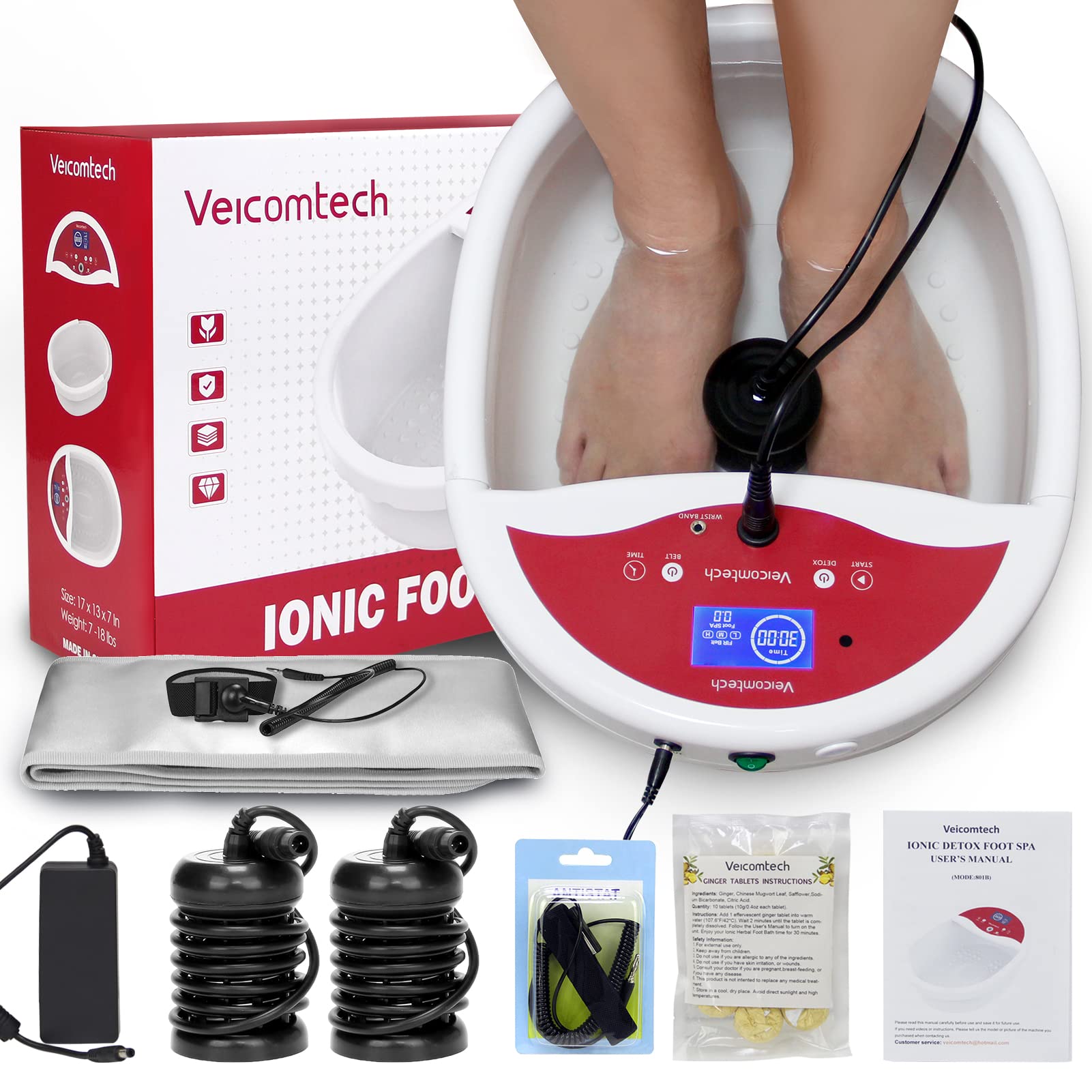 Ionic Foot Bath Detox Machine - Home Foot Spa Kit with 10 Ginger Tablets, 2 Arrays & FIR Belt for Relaxation, Detoxification & Pain Relief - Perfect for Home Salon, Spa & Self-Care Routine