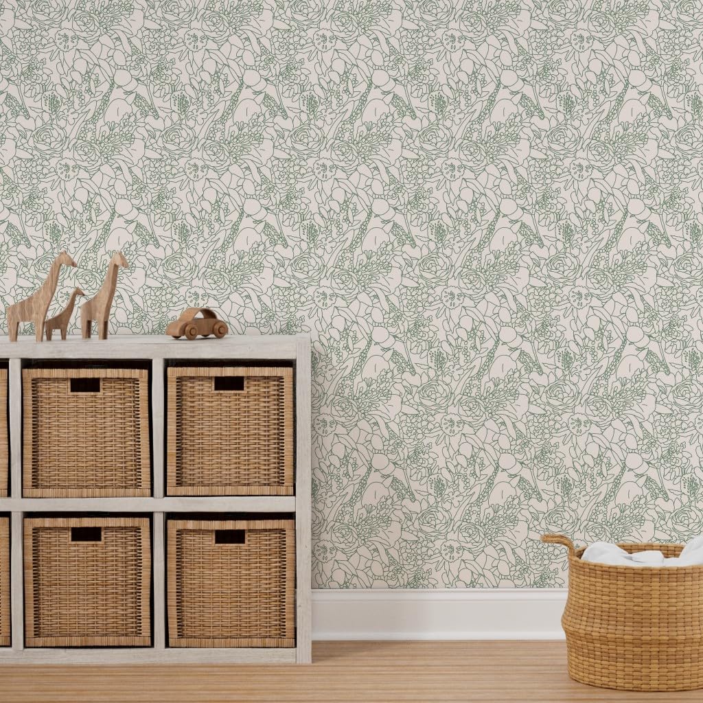 12ft x 2ft Peel & Stick Removable Wallpaper - Floral Botanical Sage Green Leaf Design by Spoonflower | Perfect for Bedroom, Living Room & Nursery Decor