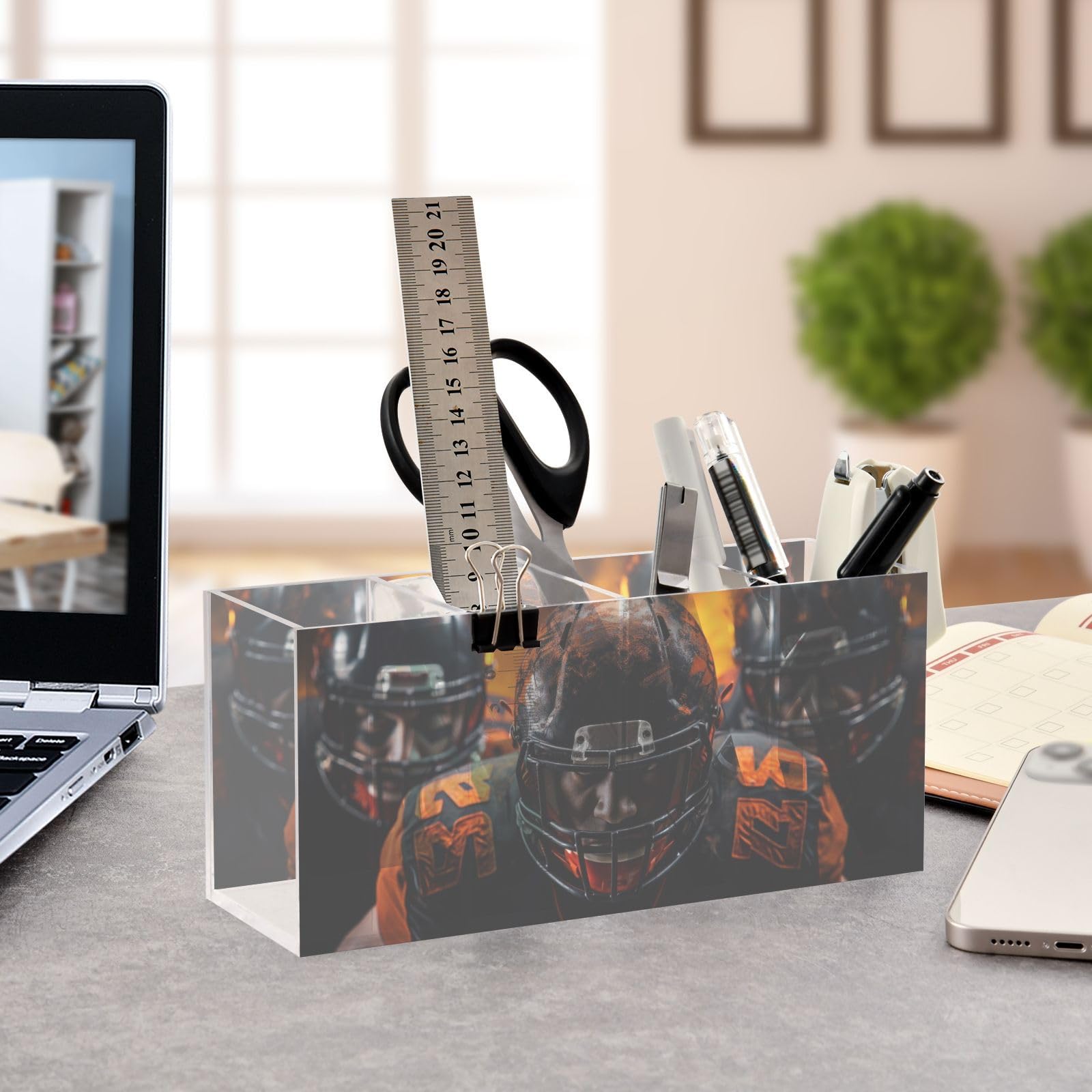 PDZRMY Acrylic Pen Holder with American Football Players Design - 4 Compartment Pencil Organizer, Brush & Utensil Cup - Personalized Pattern Desktop Organizer for Office, School, and Home Decor