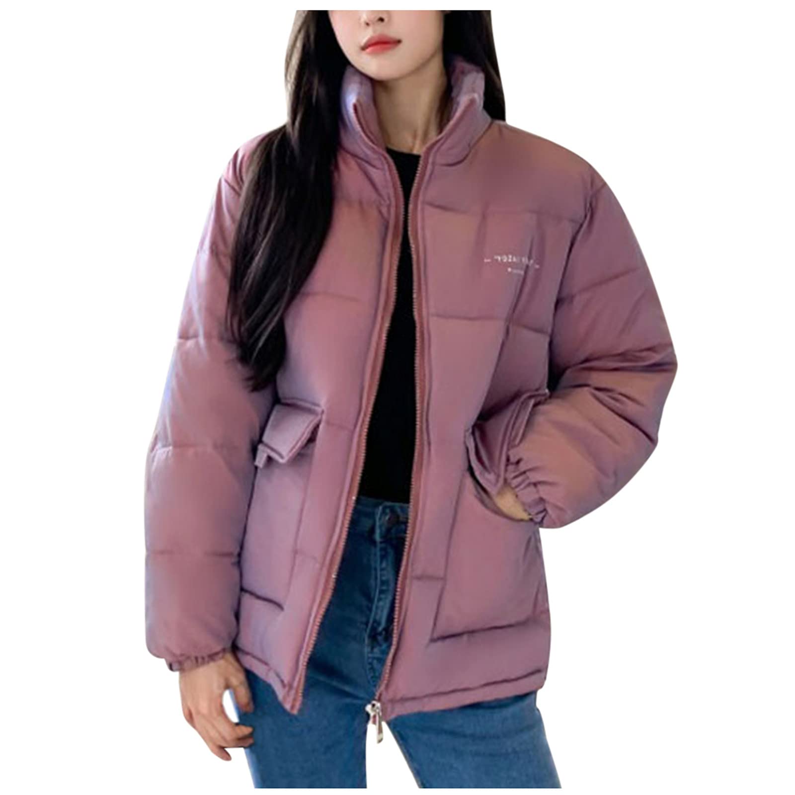 Plus Size Women's Winter Coat - Thickened Quilted Cotton Jacket with Pockets, Warm Zip-Up Outerwear in Pink for Cold Weather & Outdoor Activities