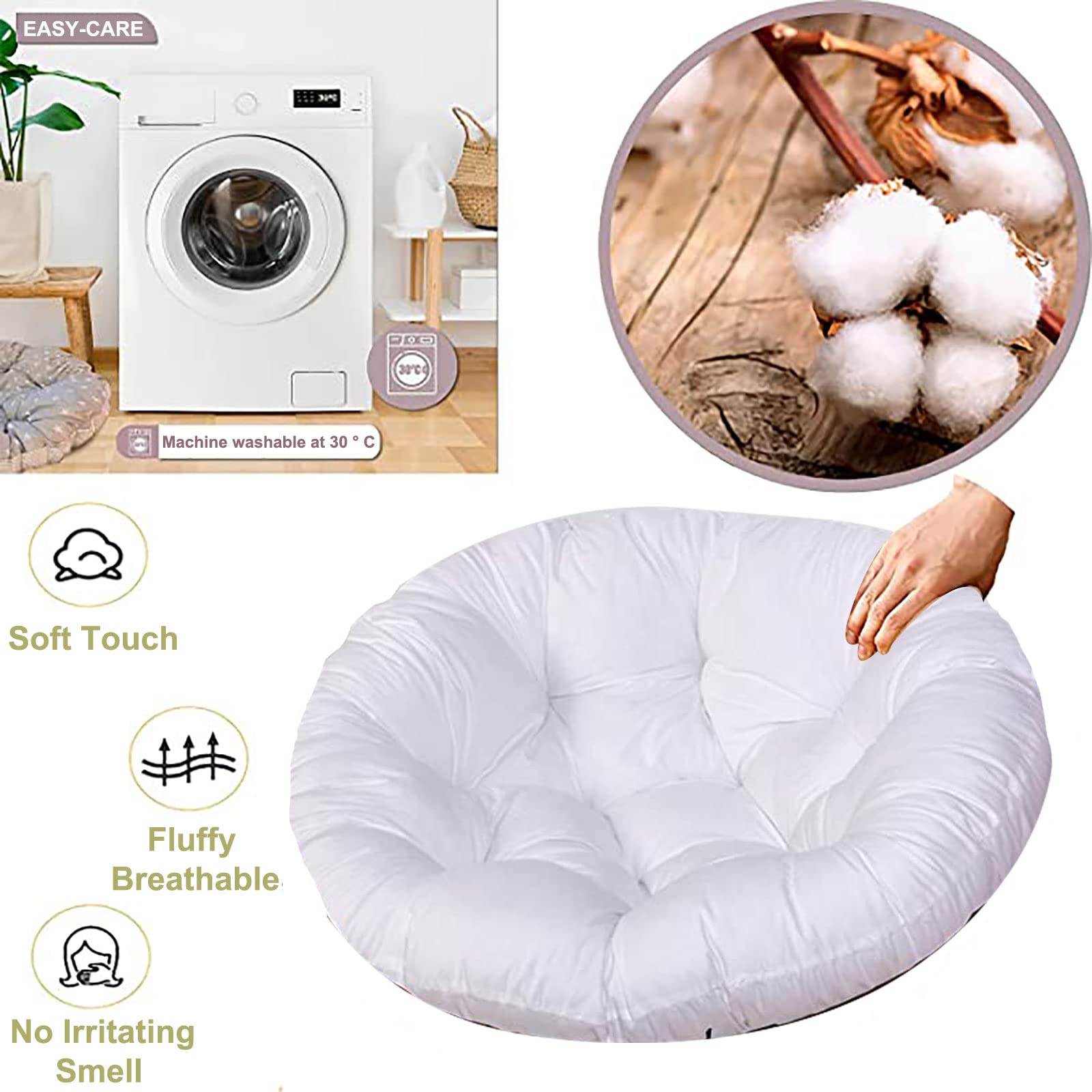 Premium SRHWBF Papasan Chair Cushion - Extra Thick 52x52 Inch Overstuffed Egg Chair Pad - Soft Rocking Chair Seat Cushion (White) - Perfect for Indoor/Outdoor Lounging, Reading Nooks & Cozy Relaxation