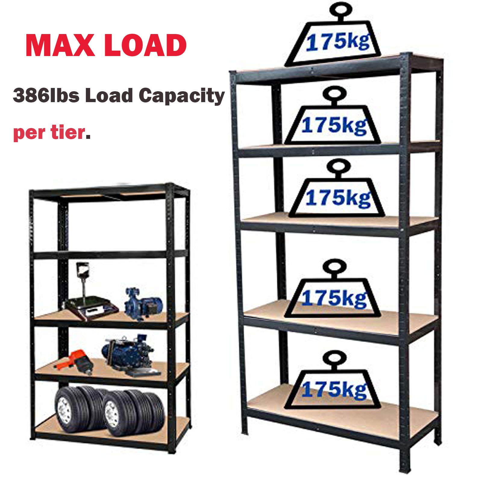 71 Inch Heavy Duty 5-Tier Adjustable Storage Shelving Unit - Metal Steel Frame with MDF Boards, 386lbs Max Load Per Shelf - 35.4