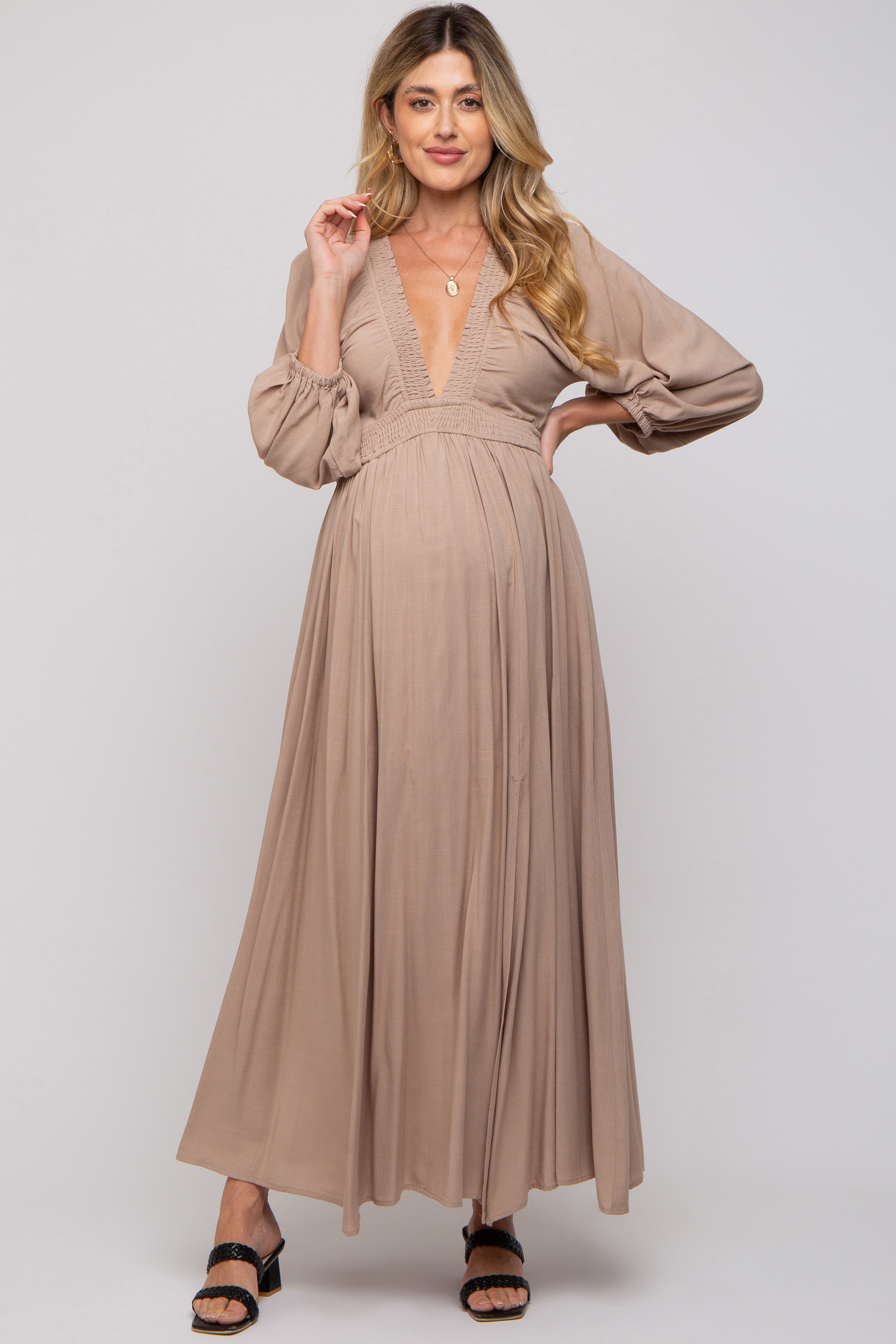 Beige Deep V Neck Smocked Waist Maternity Maxi Dress for Pregnancy - Comfortable Stretchy Flowy Long Dress for Baby Shower, Maternity Photo Shoot, Summer Vacation & Special Occasions