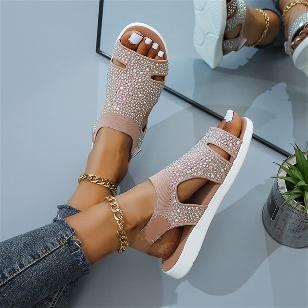Stylish Summer Women's Sandals with Stretchy Flying Weave Design & Rhinestone Accents - Comfortable Casual Flats for Ladies, Beach Shoes in Big Sizes (Pink, Size 39) - Perfect for Beach Vacations, Pool Parties & Summer Outings