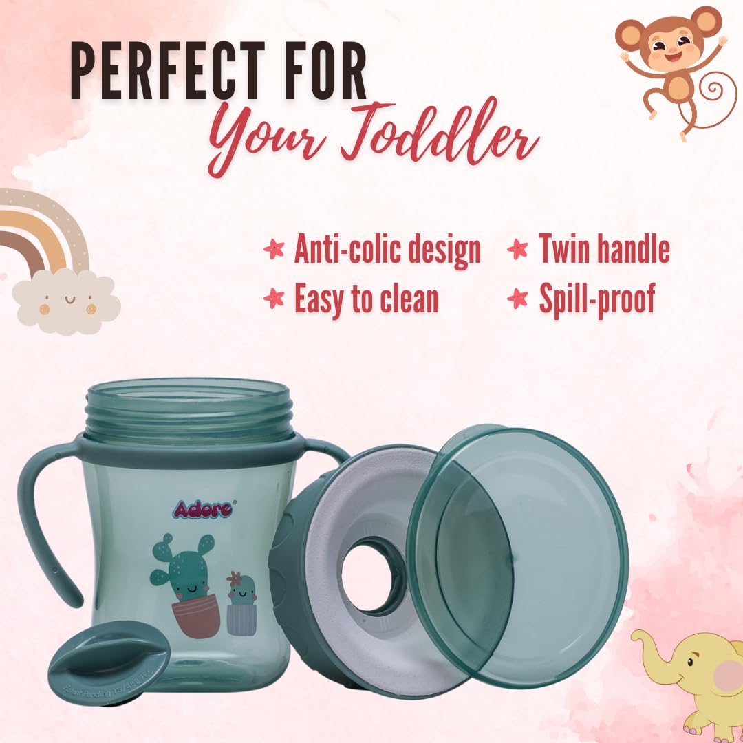 Adore Magic 360 Spoutless Sipper Cup with Handle | Leak-Proof Baby Water Bottle for 6-12 Months | Anti-Spill Straw Cup for Toddlers & Kids | BPA-Free Training Cup for Boys & Girls (250ml, Green) | Perfect for Daycare, Travel & Learning to Drink Independently