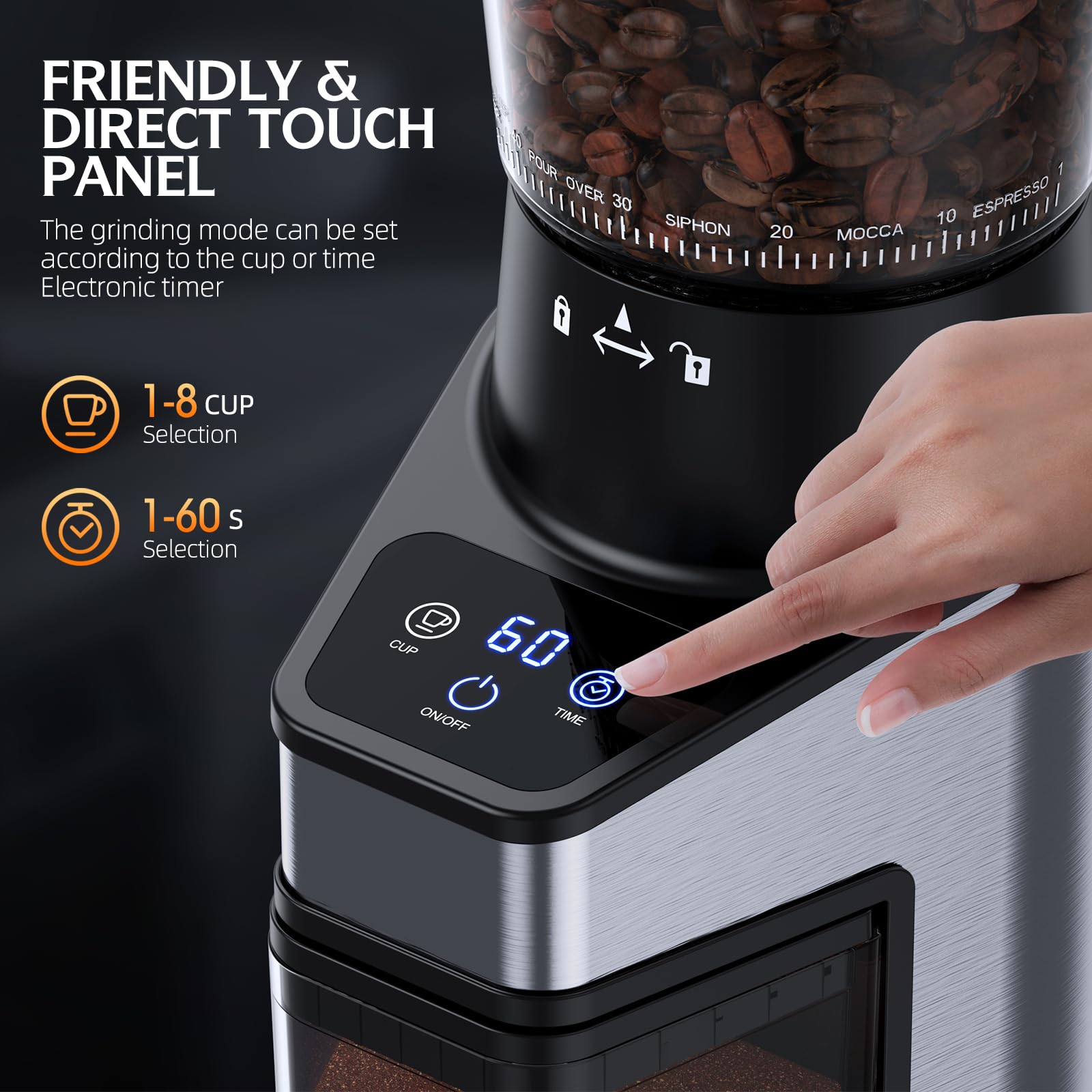 Premium Electric Conical Burr Coffee Grinder - Adjustable Touchscreen with 60 Grinding Settings, 60-Second Timer & 1-8 Cup Capacity - Anti-Static Stainless Steel for Espresso, French Press & Drip Coffee - Perfect for Home & Office Use