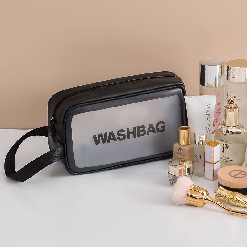 **Waterproof PVC Travel Toiletries Bag - Clear Cosmetic Makeup Organizer Pouch for Women | Portable Wash Bag for Shampoo, Lotion & Essentials | Perfect for Air Travel, Gym & Camping (Black)**