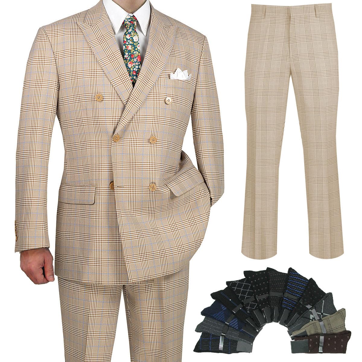 Premium Hand Tailored 2-Piece Men's Glen Plaid Suit Set - Classic Blazer & Dress Pants with Bonus Socks | Formal Business Attire, Wedding & Special Occasion Outfit