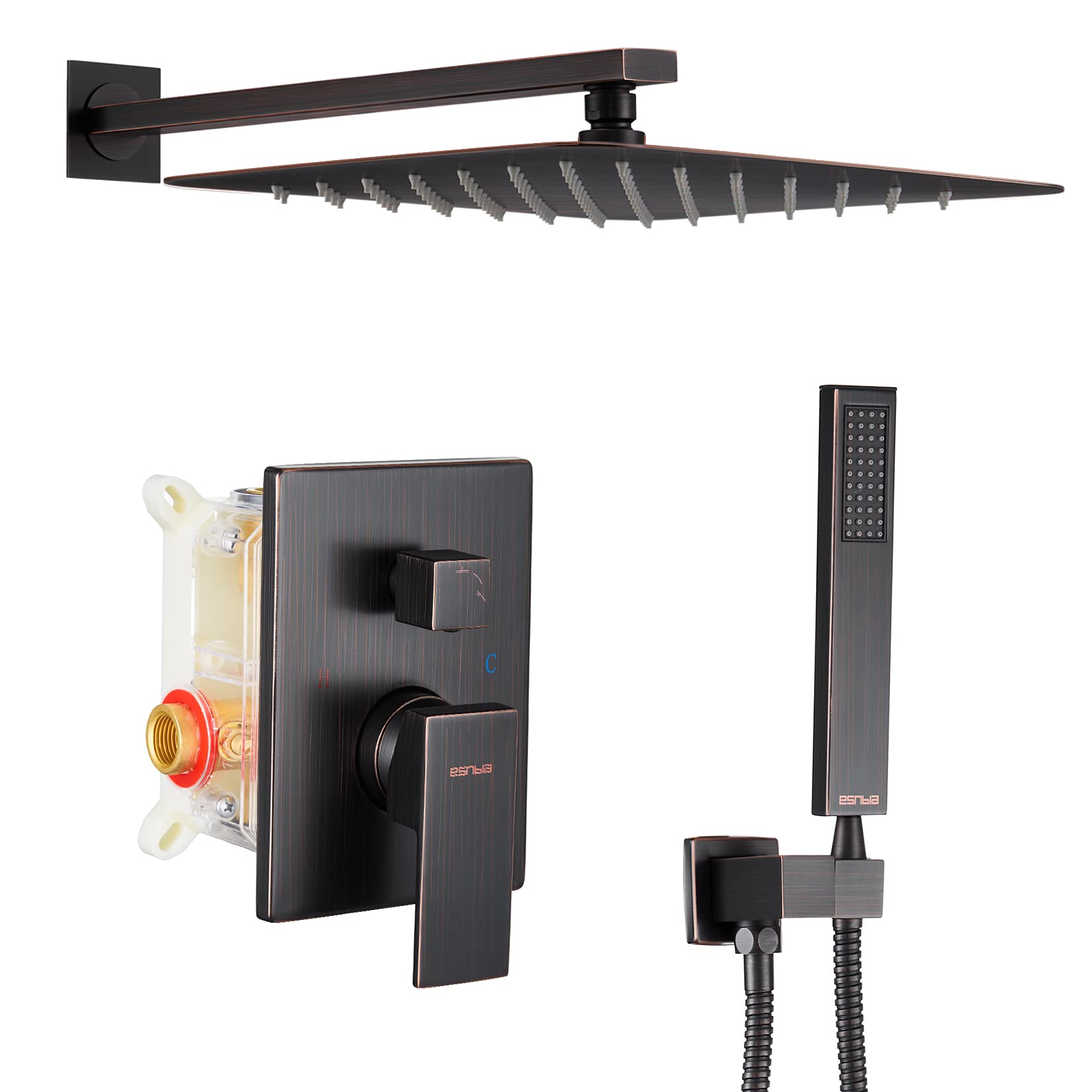 ESNBIA Oil Rubbed Bronze Shower System - 12 Inch Rainfall Shower Head with Handheld Combo, Wall Mounted High Pressure Dual Shower Head Faucet Set with Valve & Trim for Luxurious Spa-Like Bathroom Experience