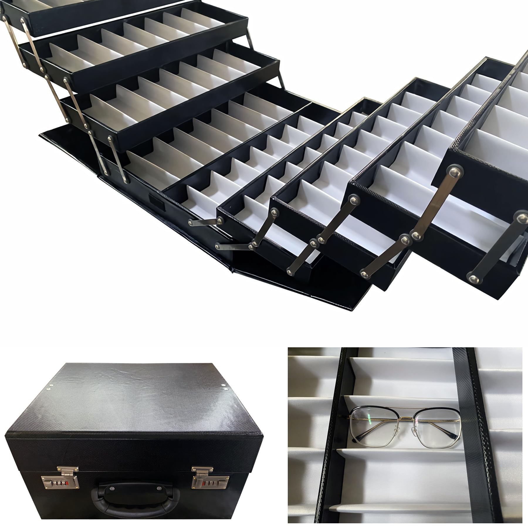 INTSUPERMAI Foldable PU Leather Eyeglasses Storage Organizer with Password Lock - Portable Eyewear Display Case for Travel, Home & Office Organization
