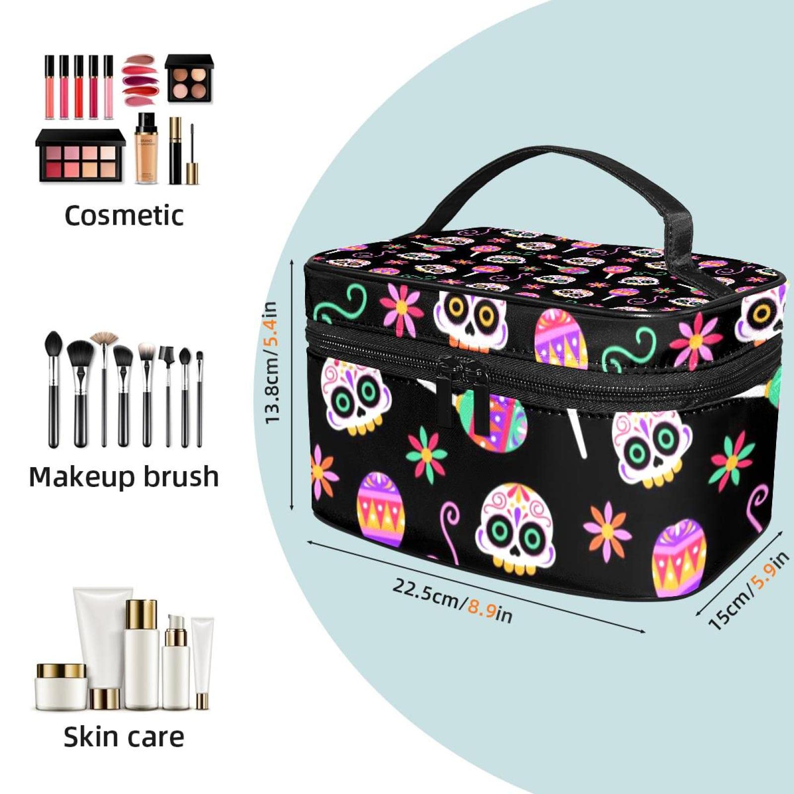 Vibrant Skull Makeup Bag - Waterproof Travel Toiletry Organizer for Women | Portable Cosmetic Pouch for Gym, Vacation & Daily Essentials Storage