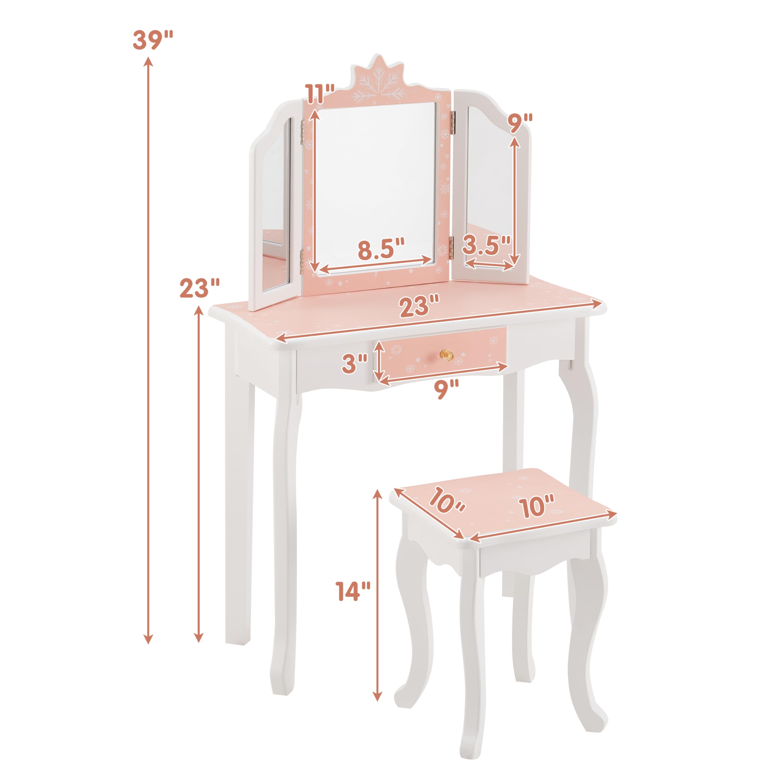 **Pink Kids Vanity Table & Stool Set for Girls Ages 3-8 - 2-in-1 Princess Makeup Dressing Table & Writing Desk with Detachable Tri-Folding Mirror & Drawer - Perfect for Playroom, Bedroom & Birthday Gifts**