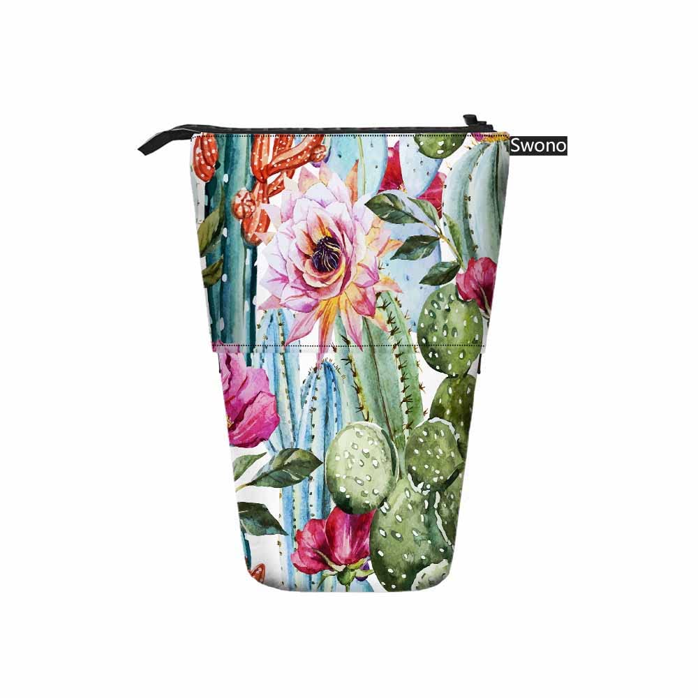 Swono Cactus Pencil Case - Tropical Floral Watercolor Design for Office & Makeup Storage