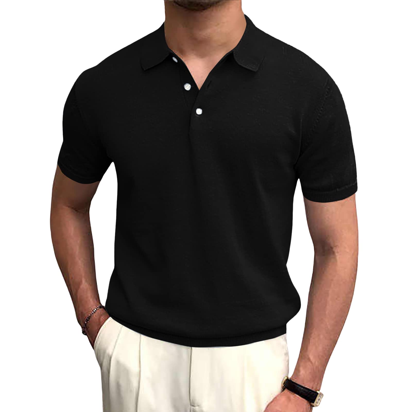 Men's Knitted Golf Polo Shirts - Short Sleeve Casual Button Down Shirt with Soft Stretch Fabric & Classic Fit - Perfect for Golf, Office Wear and Weekend Outings