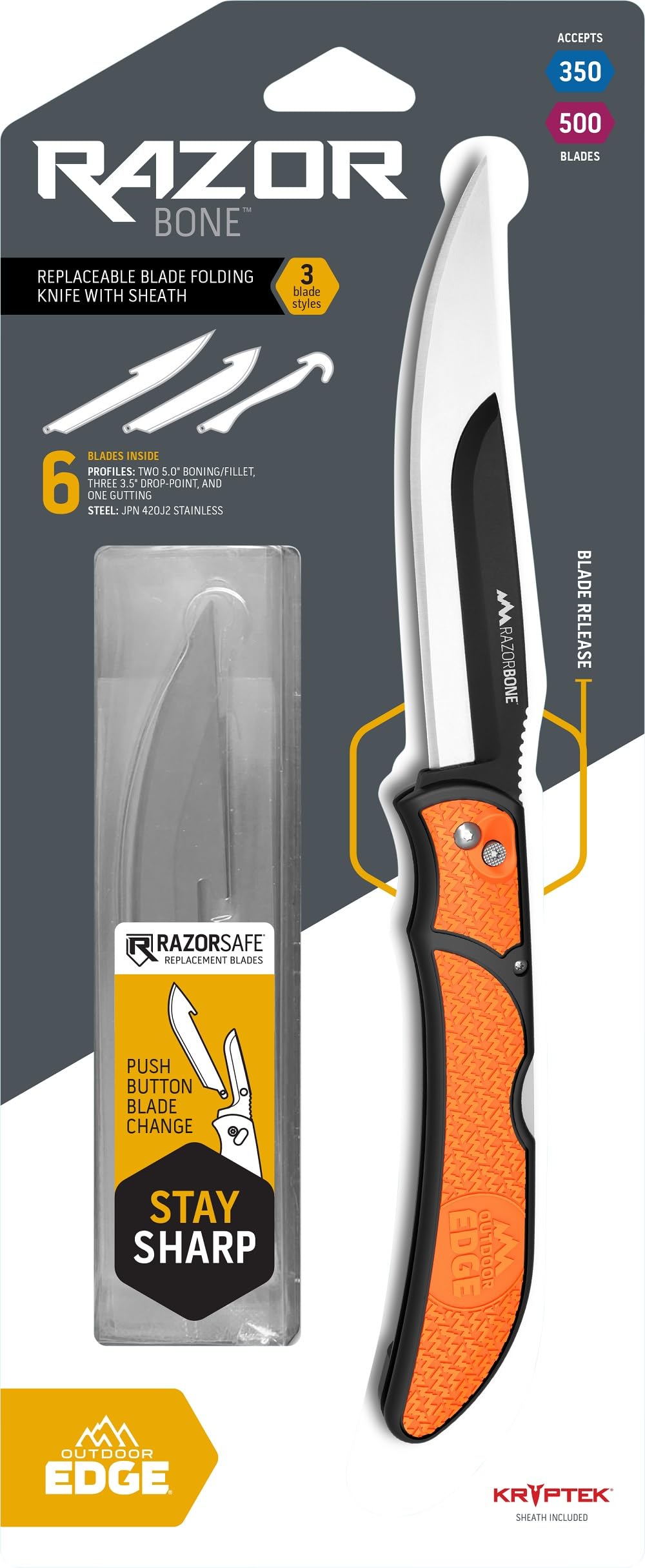 OUTDOOR EDGE RazorBone Replaceable Blade Folding Hunting Knife with Clip & Sheath - 3 Blade Styles (Boning, Gutting, Skinning) | Blaze Orange Handle, Camo Sheath, 6 Blades & Storage Box | Ideal for Hunting, Camping, Field Dressing & Outdoor Survival
