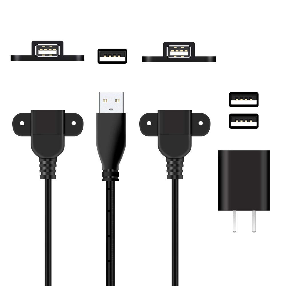QiCheng&LYS 5ft USB 2.0 Male to Dual Female Extension Charger Cable - 2 Pack with Adapter for Nightstand, Sofa & Car Charging Port - Panel Mount with Screw Holes for Home, Office & Vehicle Use