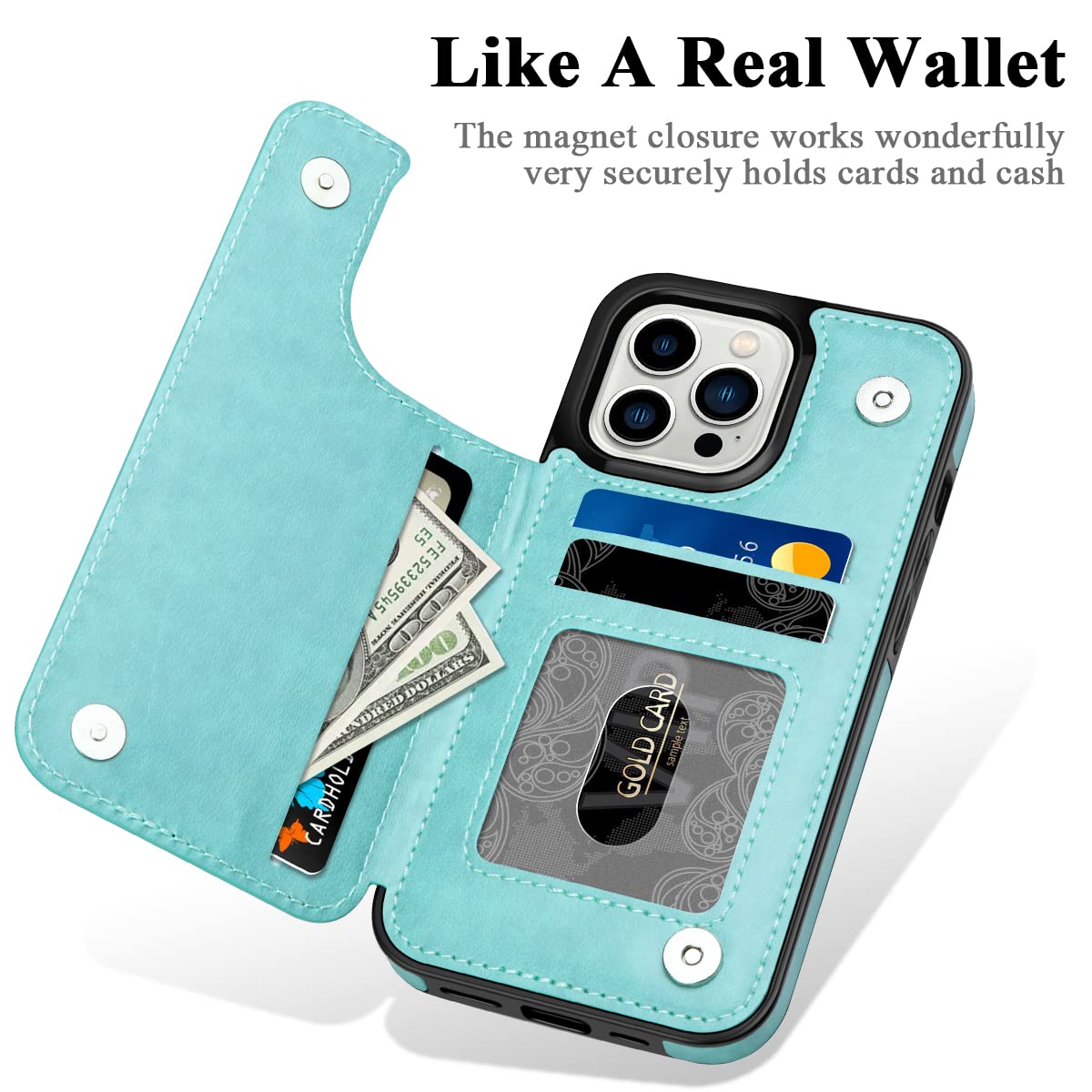 MMHUO Magnetic Wallet Case for iPhone 14 Pro - Flower Design Flip Cover with Card Holder & Strong Protection | Slim Protective Phone Case for Women | Perfect for Everyday Use, Travel & Shopping (Mint Green)