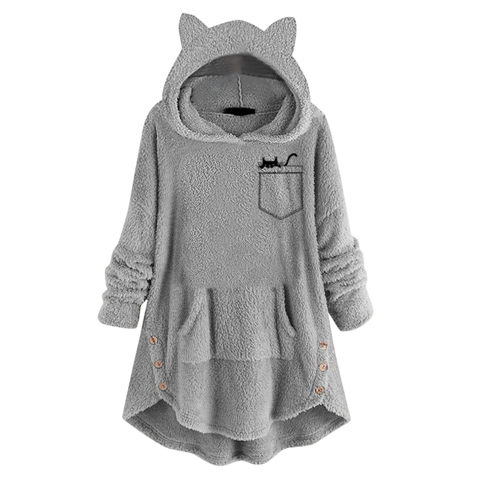 Women's Fleece Cat Ear Hoodie with Pockets - Cute Printed Long Sleeve Zip Up Sweater | Perfect for Casual Wear, Cosplay & Winter Fashion