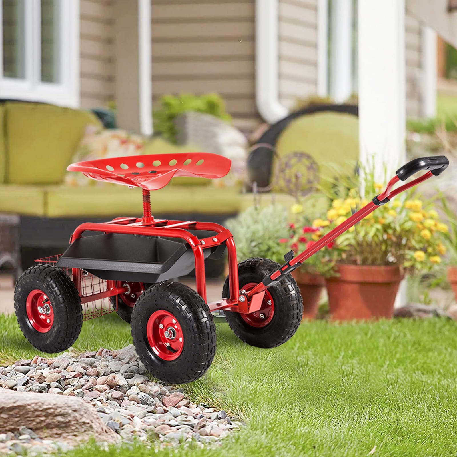 Heavy Duty Garden Cart with Tool Tray & Storage Basket - Rolling Work Seat Scooter with Wheels & Handle for Outdoor Gardening, Landscaping, and Yard Work